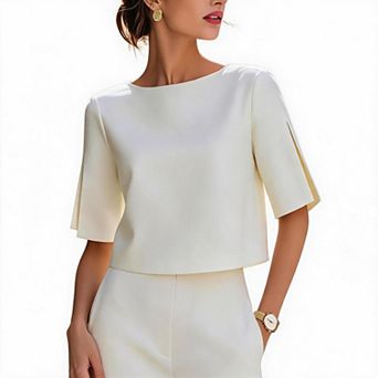 Women's Minimalist Round Neck Split Mid‑Sleeve Cropped Top Elegant Loose Business Casual Dressy Top