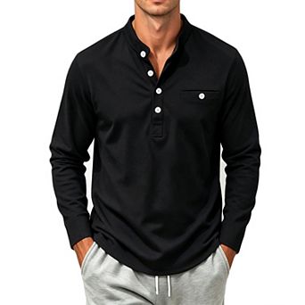 Men's Long Sleeve Henley Shirts Stand Collar Casual Tops With Chest Pocket