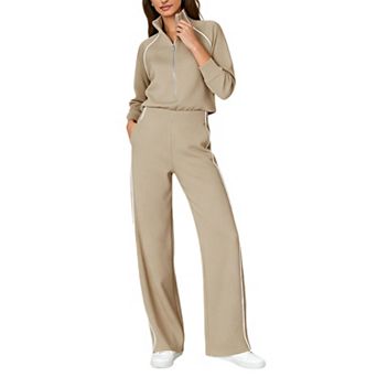 Women Half‑Zip Stand Collar 2 pc Tracksuit Set Long Sleeve Top & Wide Leg Pants