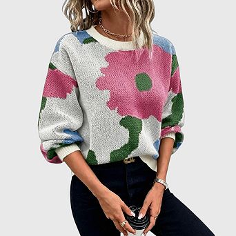 Women's Flower Sweater Crew Neck Casual Long Sleeve Drop Shoulder Pullover Sweaters Knit Top