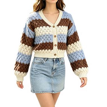 Women Color Block Striped Cardigan Button Down Sweater