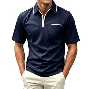 Men's Short‑Sleeve Polo Shirt Quarter‑Zip Casual Tops With Trimmed Chest Pocket