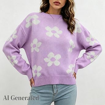 Women Floral Cozy Sweaters Trendy Long Sleeve Cute Winter Fall Crewneck Knit Pullover Sweaters