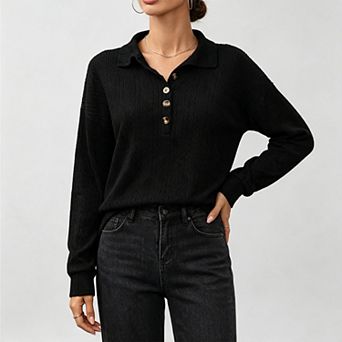 Women's Textured Knit Half Button Long Sleeve Polo Tunic Top, Casual Work Daily Wear