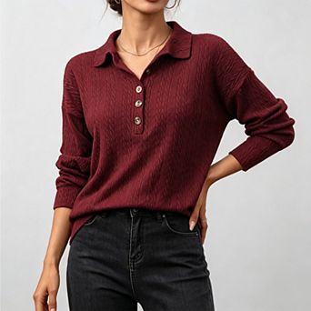 Women's Textured Knit Half Button Long Sleeve Polo Tunic Top, Casual Work Daily Wear