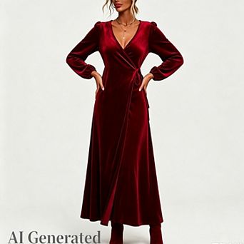 Womens Velvet v Neck Wrap Dress Fall Winter Long Sleeve Waist Ruched Elastic Elegant Maxi Dress