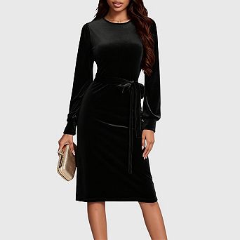 Women Velvet Midi Dresses Casual Long Sleeve Crew Neck Business Office Bodycon Sheath Work Dress