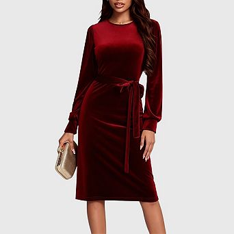 Women Velvet Midi Dresses Casual Long Sleeve Crew Neck Business Office Bodycon Sheath Work Dress