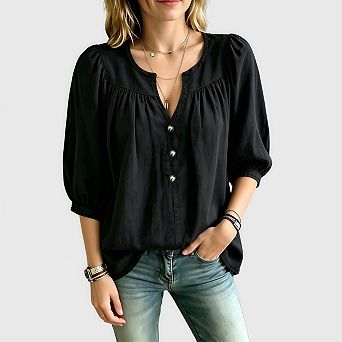 Womens Cotton Pleated Shirts Casual Dressy Loose Fit Puff Sleeve Button Down Blouses Tops