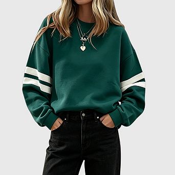 Womens Cotton Striped Oversized Sweatshirt Casual Crew Neck Long Sleeve Fall Pullover Outfits