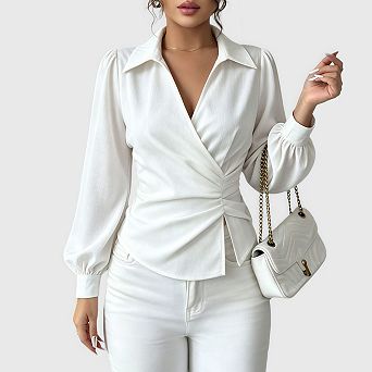 Womens Casual Wrap V Neck Long Sleeve Shirts Dressy Ruched Tops Fall Business Work Blouses