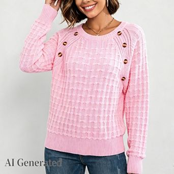 Women's Button Front Cable Knit Pullover Sweaters Crew Neck Long Sleeve Textured Jumper Tops