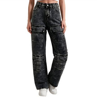 Women High Waist Cargo Jeans Wide Leg Denim Pants with Multi Pockets