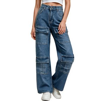 Women High Waist Cargo Jeans Wide Leg Denim Pants with Multi Pockets