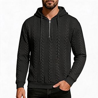 Mens Quarter Zip Hoodie Cable Textured Pullover Relaxed Fit Top For Fall Winter Daily Casual Outdoor