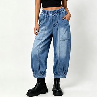 Women Elastic Waist Jogger Jeans Patchwork Seam Baggy Denim Pants