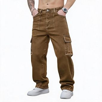 Mens Cargo Jeans Wide Leg Straight Fit Multi Pockets Denim Pants For Streetwear Daily Casual Outdoor