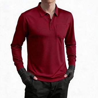Mens Long Sleeve Polo Shirt Chest Pocket Regular Fit Top For Work Outdoor Hiking Daily Casual Wear
