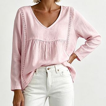 Women V Neck Long Sleeve Blouse Lace Trim Babydoll Loose Fit Casual Flowy Shirt Top