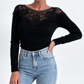 Women Floral Lace Boat Neck Blouse Long Sleeve Solid Slim Fit Casual Dressy Pullover Top Shirt