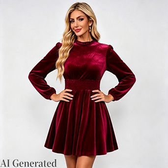 Women's Velvet Turtleneck Lantern Sleeves Mini Dress Ruffle Neck Back Zipper Smocked Waist Dress