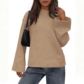 Women Sweater Casual Crewneck Pullover Sweatshirt Lightweight Bell Sleeve Knit Fall Winter Tops