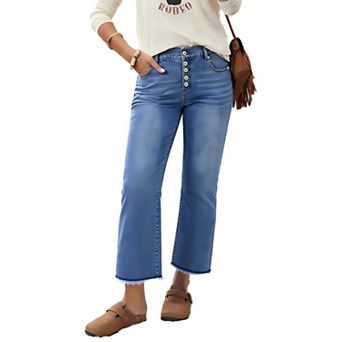 Women's Button Fly Raw Hem Straight Leg Jeans High Waisted Slim Fit Cropped Denim Pants with Pockets