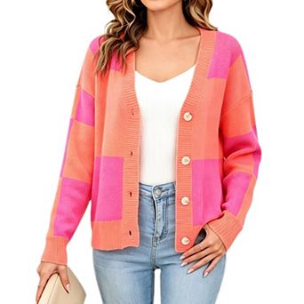 Women's Checkerboard Color Block Knit Cardigan V Neck Button Down Long Sleeve Casual Knit Sweater