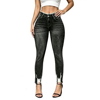 Women's Jeans Denim Pants High Waist Frayed Waistband Ripped Hem Stretch Skinny Pencil Bottom
