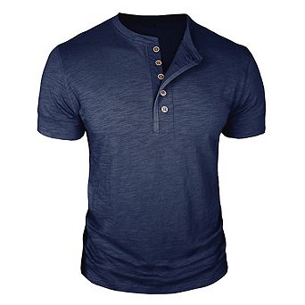 Men's Henley Short Sleeve T‑Shirt Button Placket Crew Neck Casual Solid Color Basic Tee Tops