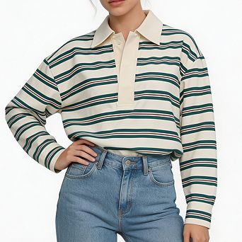 Women's Oversized Lapel Collar Striped Color Block Rugby Sweatshirt Long Sleeve Tops