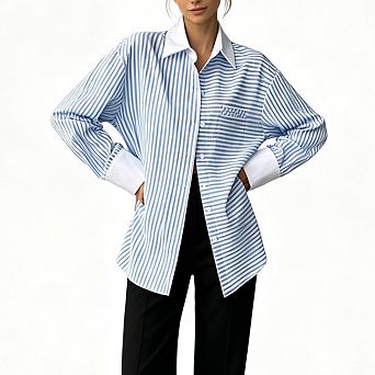 Women's Collared Striped Button Down Long Sleeve Blouse Casual Classic Office Work Tops