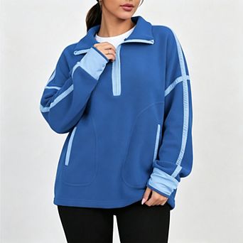 Women's Half Zip Stand Collar Long Sleeve Color‑Block Casual Pullover Sweatshirt