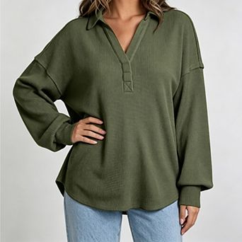 Women's Lapel v‑Neck Waffle Knit Long Sleeve Oversized Pullover, Fashion Casual Sweatshirt