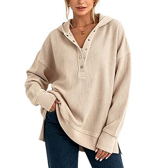 Womens Oversized Knit Hoodie Sweatshirt Casual Button V Neck Side Slit Pullover Shirt Tops
