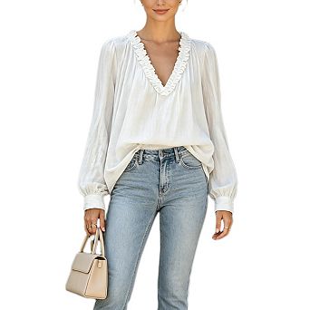 Womens Ruffled V Neck Long Sleeve Blouses Loose Casual Boho Flowy Top Work Office Pullover Shirts