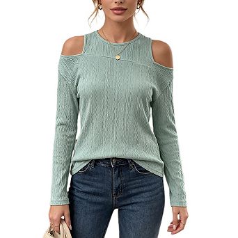 Womens Long Sleeve Cold Shoulder Tunic Tops Dressy Casual Textured Blouse Shirts Basic Tee Tops