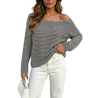 Women Off Shoulder Striped Long Sleeve Tops Casual Knit Texture Pullover Shirts Going Out Tops