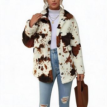 Women Cow Print Lapel Long Sleeve Button Front Fuzzy Sherpa Fleece Shacket Jacket