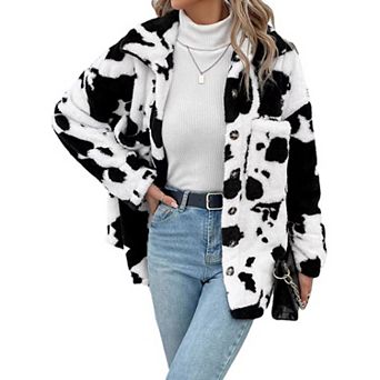 Women Cow Print Lapel Long Sleeve Button Front Fuzzy Sherpa Fleece Shacket Jacket