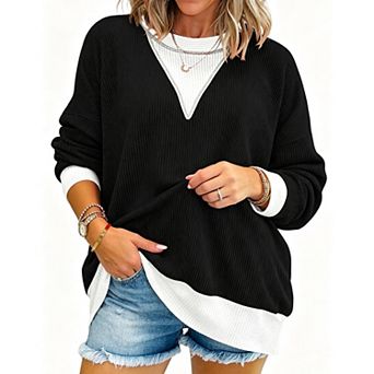 Women’s Color Block Twist Stripe Sweatshirt Crew Neck Long Sleeve Loose Fit Casual Pullover Top