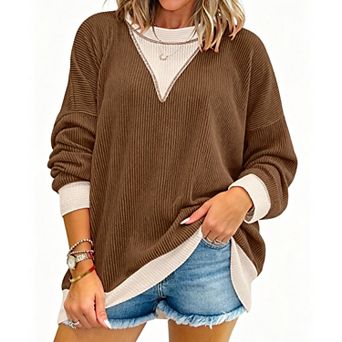 Women’s Color Block Twist Stripe Sweatshirt Crew Neck Long Sleeve Loose Fit Casual Pullover Top