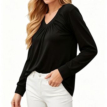 Women's Ruched V‑Neck Long Sleeve T‑Shirt Solid Color Loose Fit Casual Top