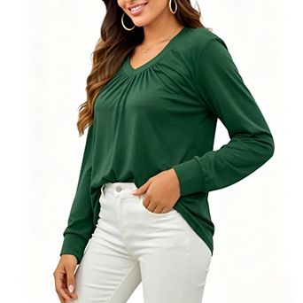 Women's Ruched V‑Neck Long Sleeve T‑Shirt Solid Color Loose Fit Casual Top