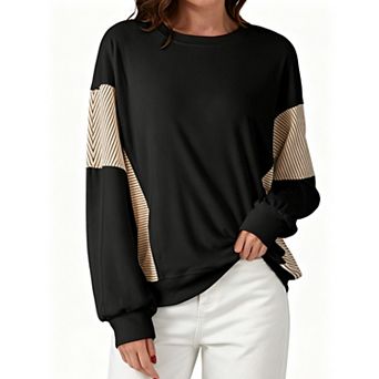 Women's Crew Neck Color Block Sweatshirt Striped Patchwork Long Sleeve Loose Casual Pullover Top