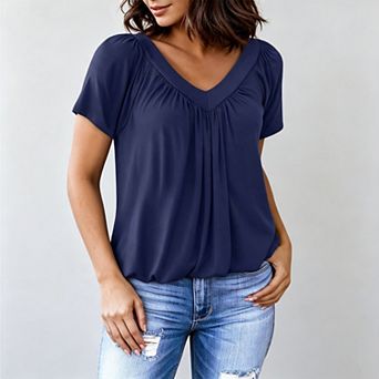 Women's Casual Summer Short Sleeve v‑Neck Banded Bubble HemTops