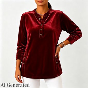 Women's Velvet Henley Stand Collar Side Button Long Sleeve Blouse, Casual Business Tops