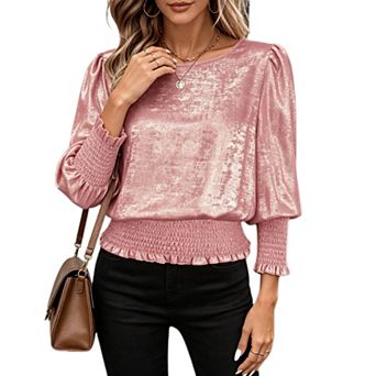 Women Metallic Shiny Blouse Puff Long Sleeve Round Neck Smocked Ruffle Waist Party Top