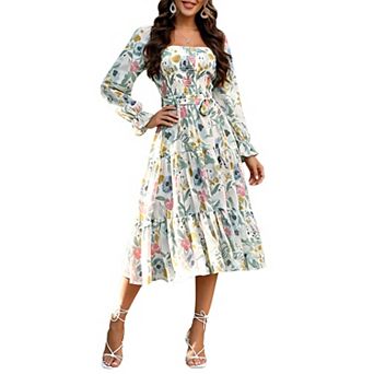 Women's Long Sleeve Smocked Casual Square Neck a Line Flowy Maxi Floral Dress