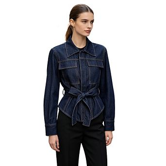 Women's Casual Lapel Long Sleeve Denim Jacket Waist Tie Curved Hem Slim Coats With Pockets